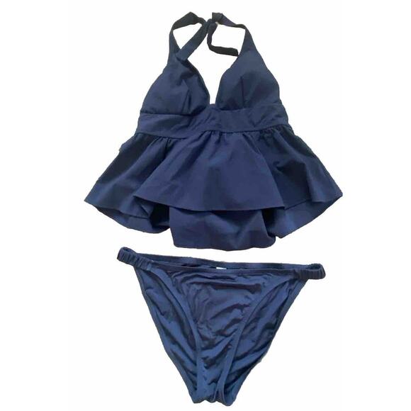 New J.Crew Navy Ruffled 2-pc Bikini Set Swim Suit Tank Top w Bikini Bottom‎ MED - Picture 1 of 8